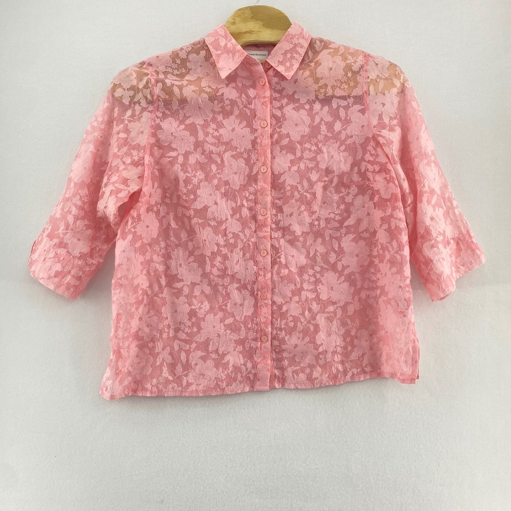 Alfred Dunner Woman 18W Pink Sheer Floral Button-Up Blouse 3/4 Sleeve Lace‎